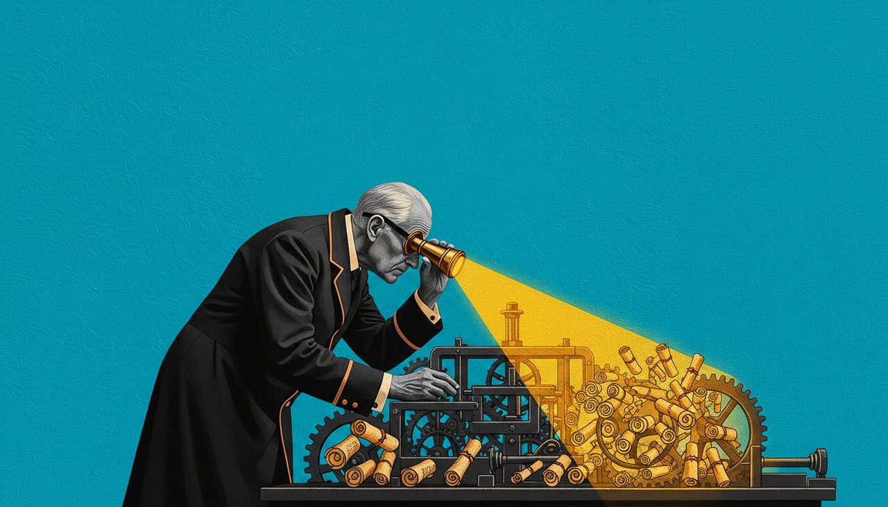 часовщик склоняется над механизмом, где каждая шестерёнка — крошечный свиток закона, янтарный свет из лупы